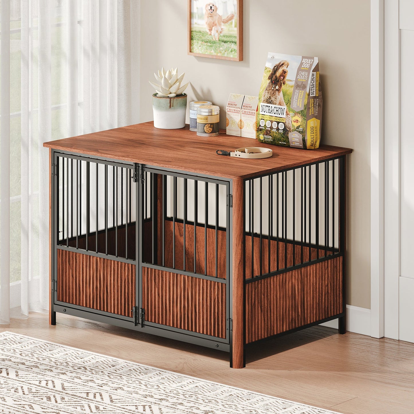 43" Walnut Fluted Wood Dog Crate Furniture | Double Door Pet Kennel