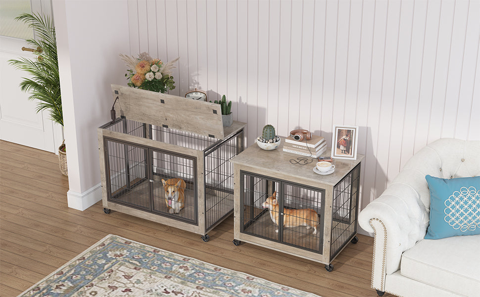 38" Grey Furniture Style Dog Crate on Wheels | Double Door Kennel Table