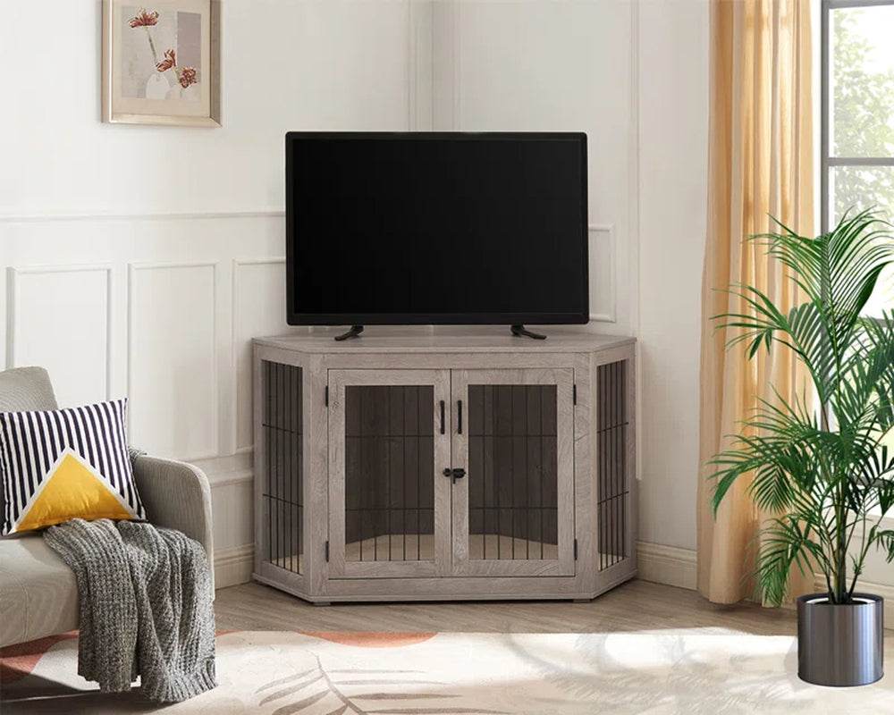 Corner Dog Crate Furniture | End Table Pet Kennel with Cushion