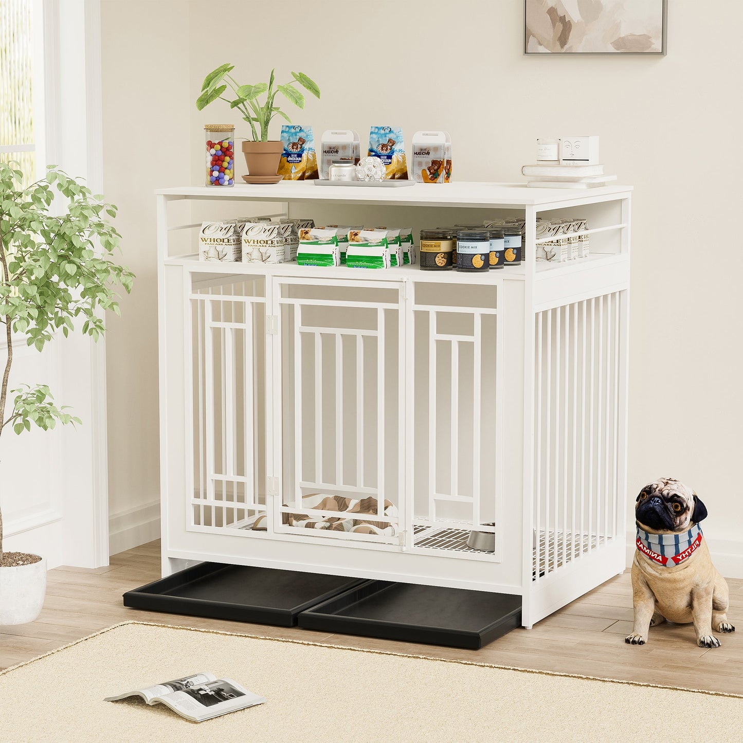 White Wooden Dog Crate Furniture | 43" End Table Kennel with Drawers