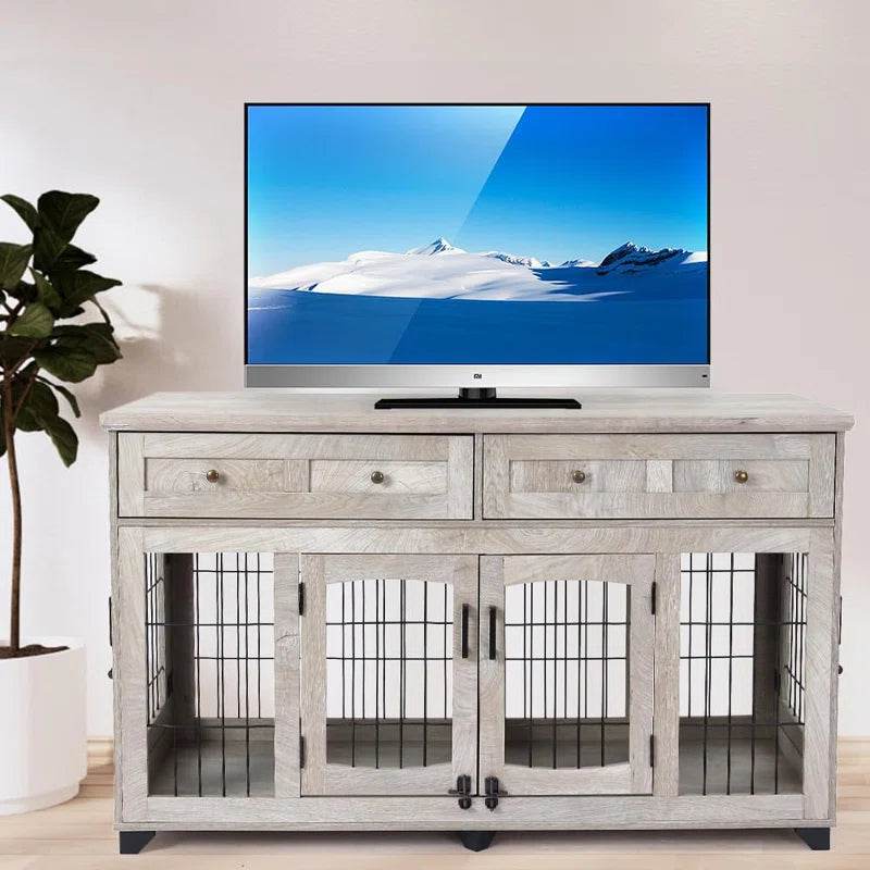 Dog Crate Furniture with Openable Partition | Double Door Wooden End Table Kennel with Drawers & Divider