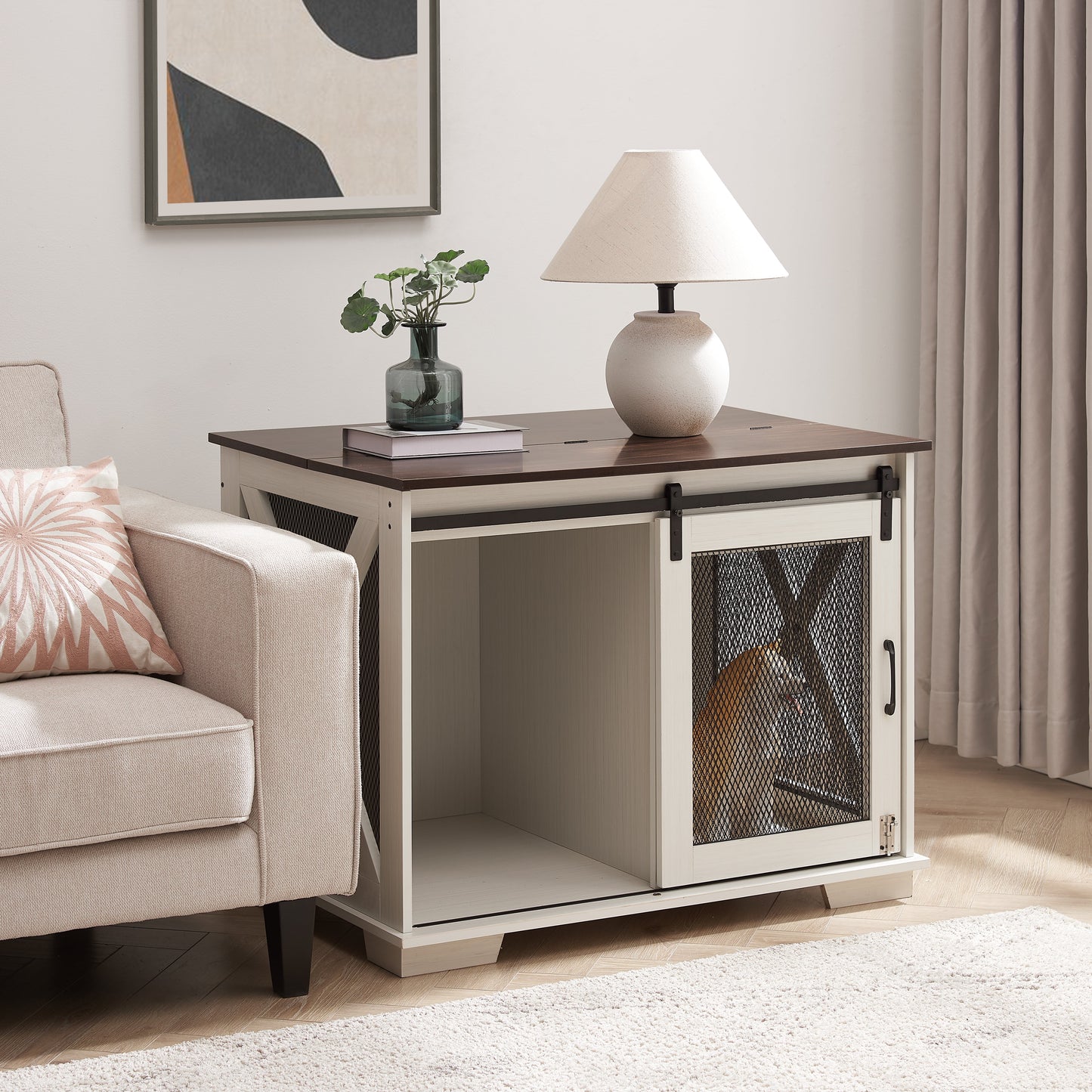 Farmhouse Dog Crate Furniture with Barn Door | Wooden Kennel End Table