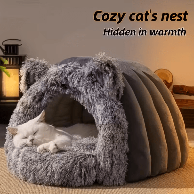 Winter Warm Cat Cave, Windproof Plush Pet Igloo | Thermal Insulation