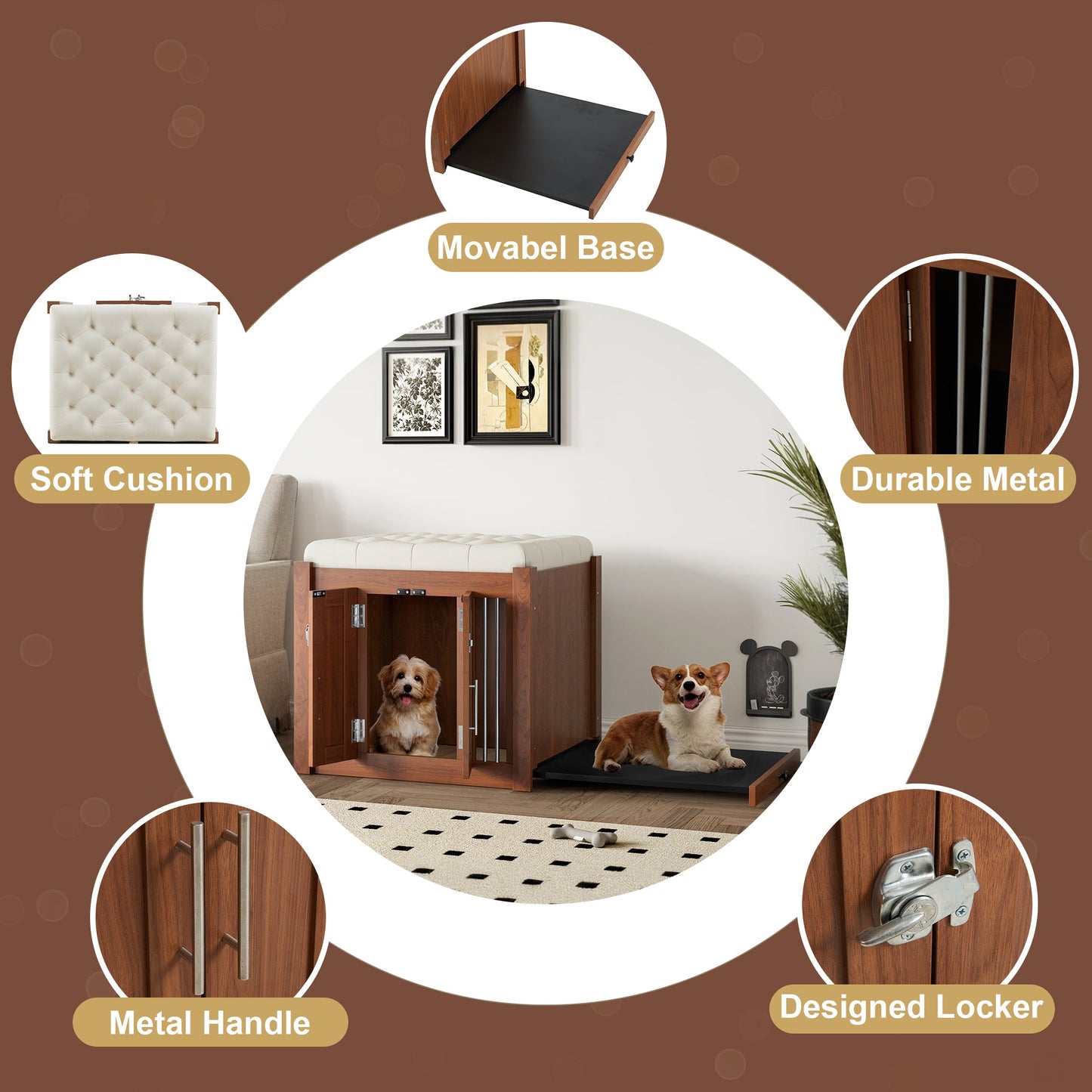 2-in-1 Dog Crate Ottoman with Bench | 30" Wooden Kennel (Walnut)