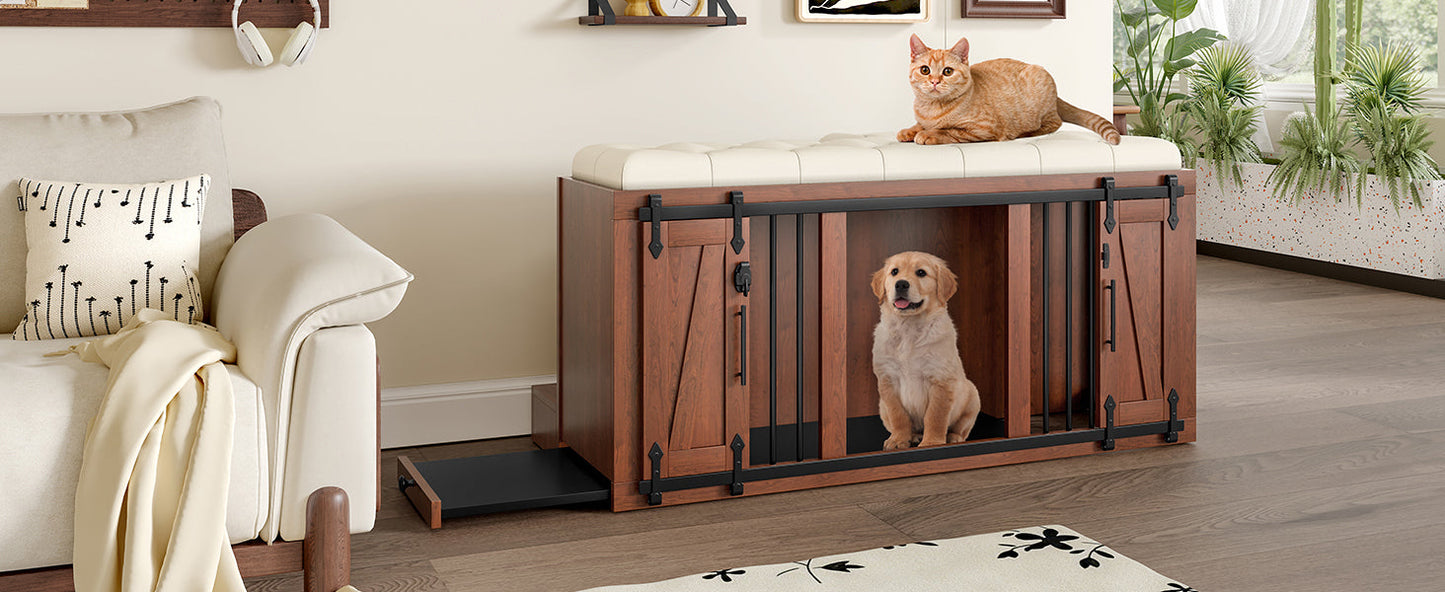 56" Furniture Style Dog Crate with Bench | Sliding Barn Door Kennel (Walnut)
