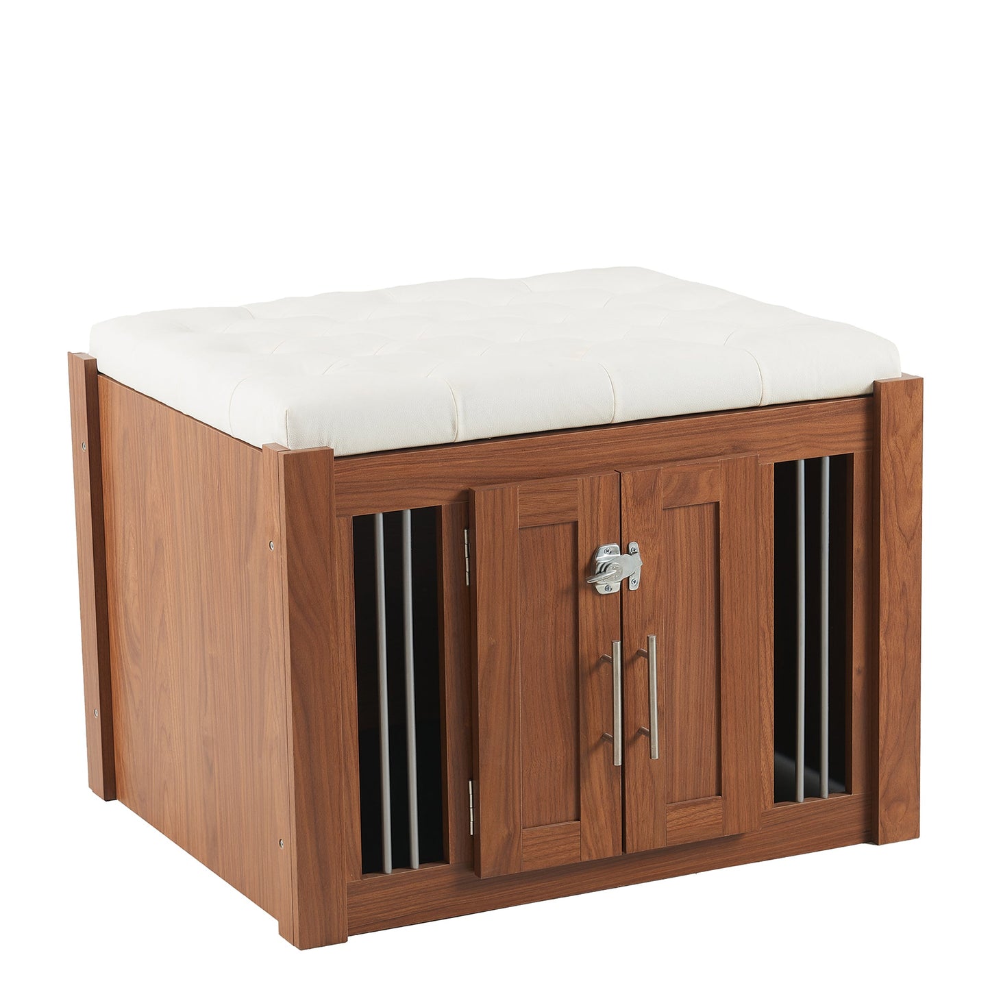 2-in-1 Dog Crate Ottoman with Bench | 30" Wooden Kennel (Walnut)