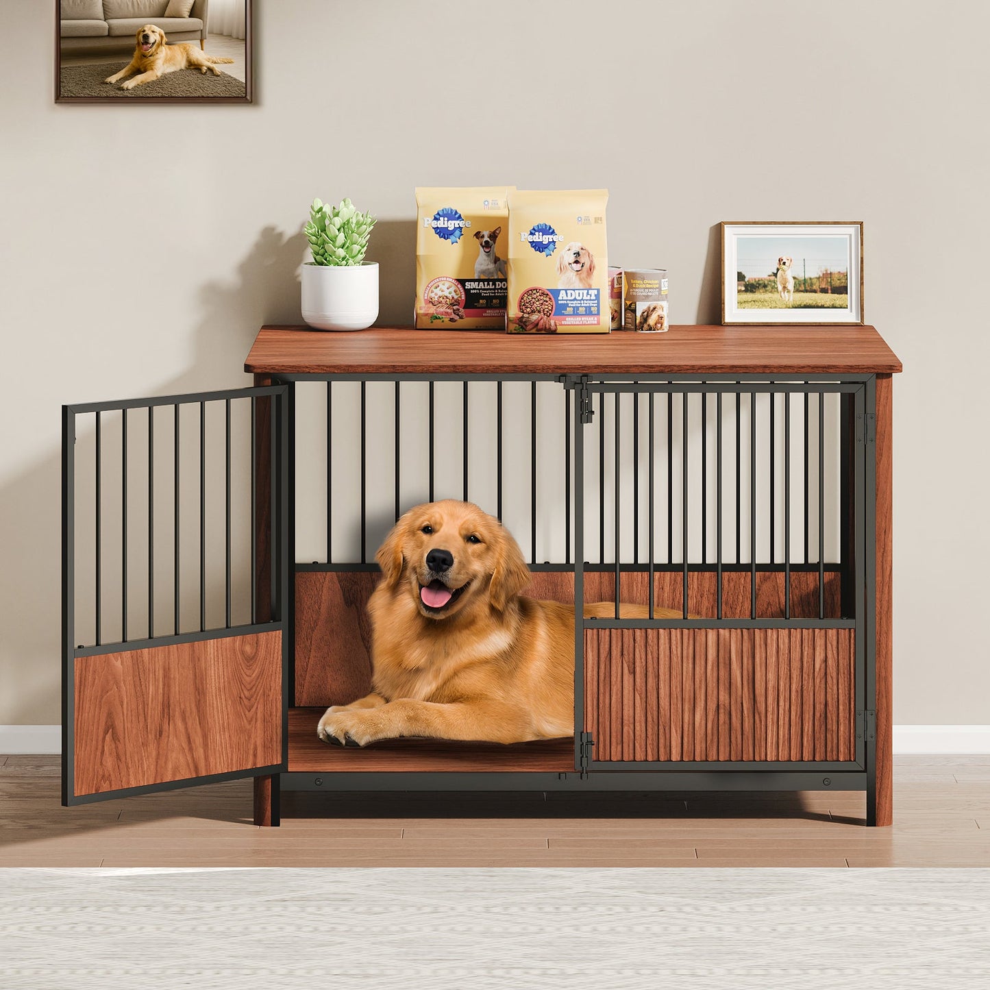 43" Walnut Fluted Wood Dog Crate Furniture | Double Door Pet Kennel