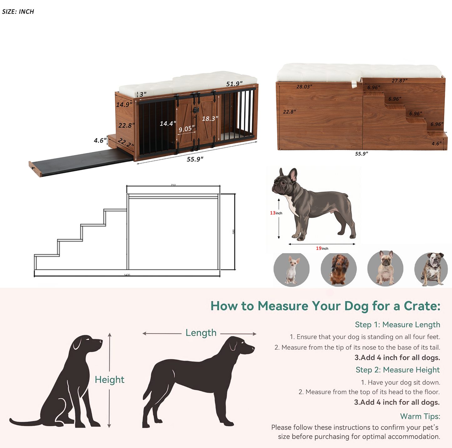56" Furniture Style Dog Crate with Bench | Sliding Barn Door Kennel (Walnut)