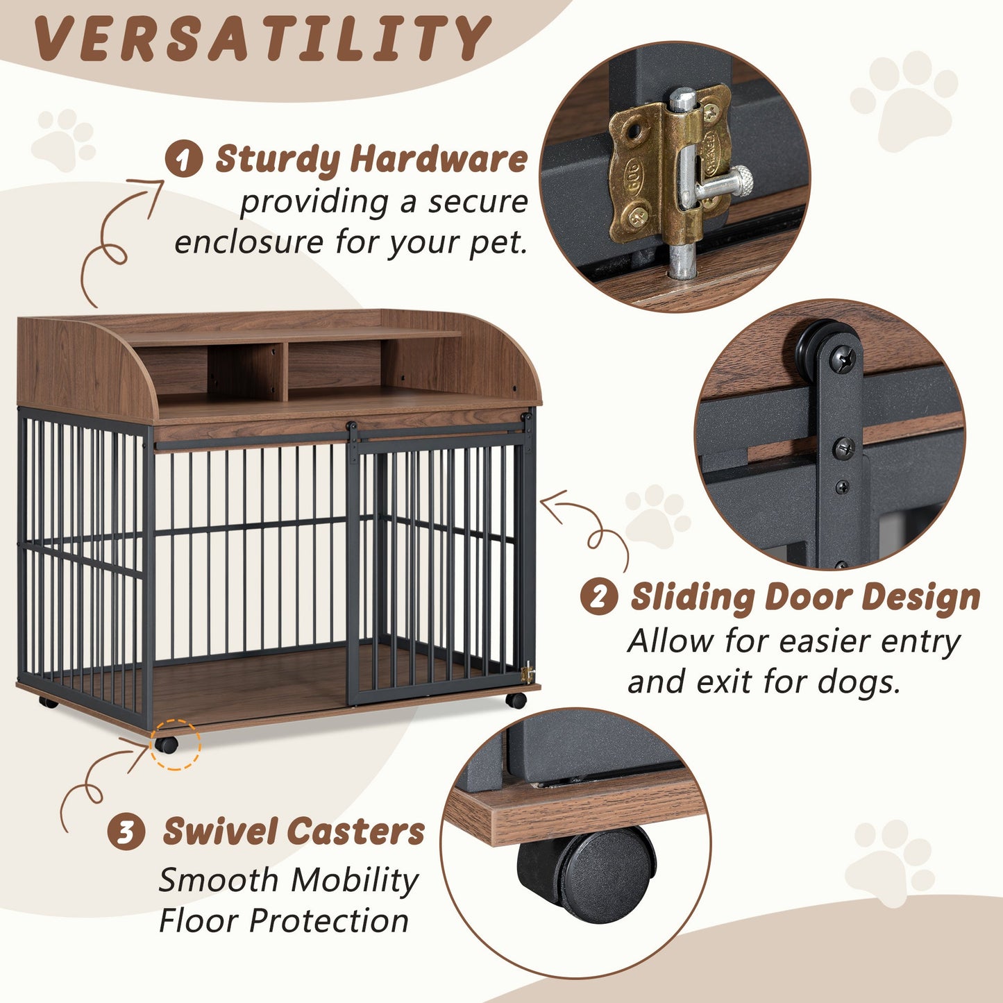 Large Dog Crate End Table | Sliding Barn Door Pet Kennel with Double Shelf Storage
