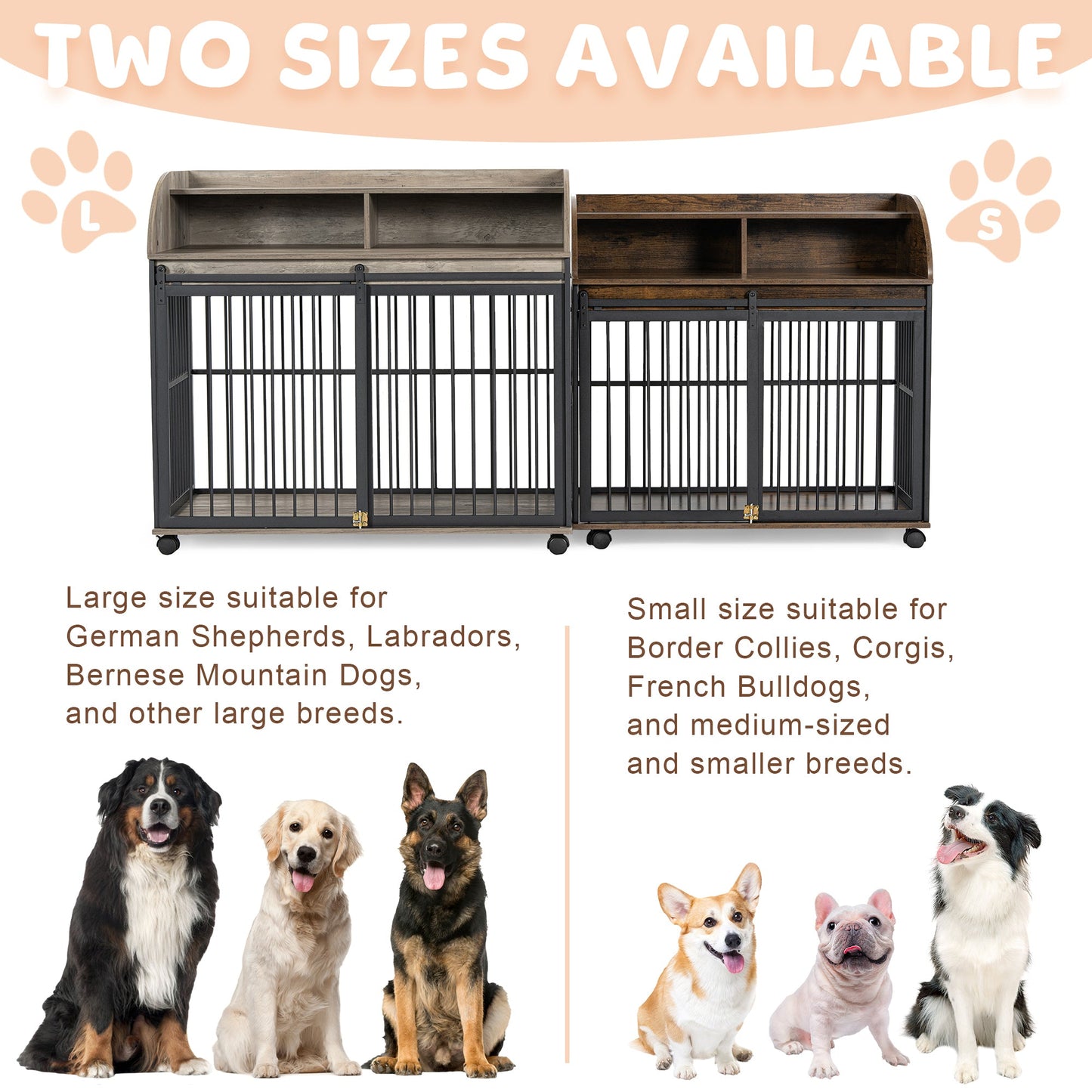44" Heavy Duty Dog Crate Furniture with Wheels | Double Storage Pet Kennel (Gray)