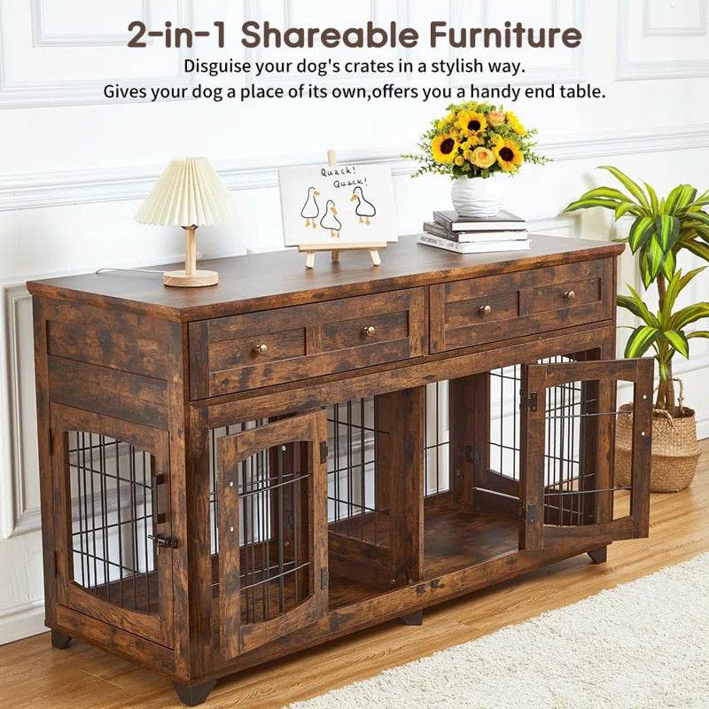 Dog Crate Furniture with Openable Partition | Double Door Wooden End Table Kennel with Drawers & Divider