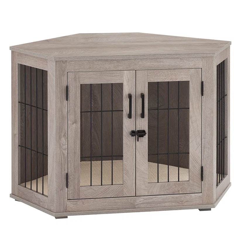 Corner Dog Crate Furniture | End Table Pet Kennel with Cushion
