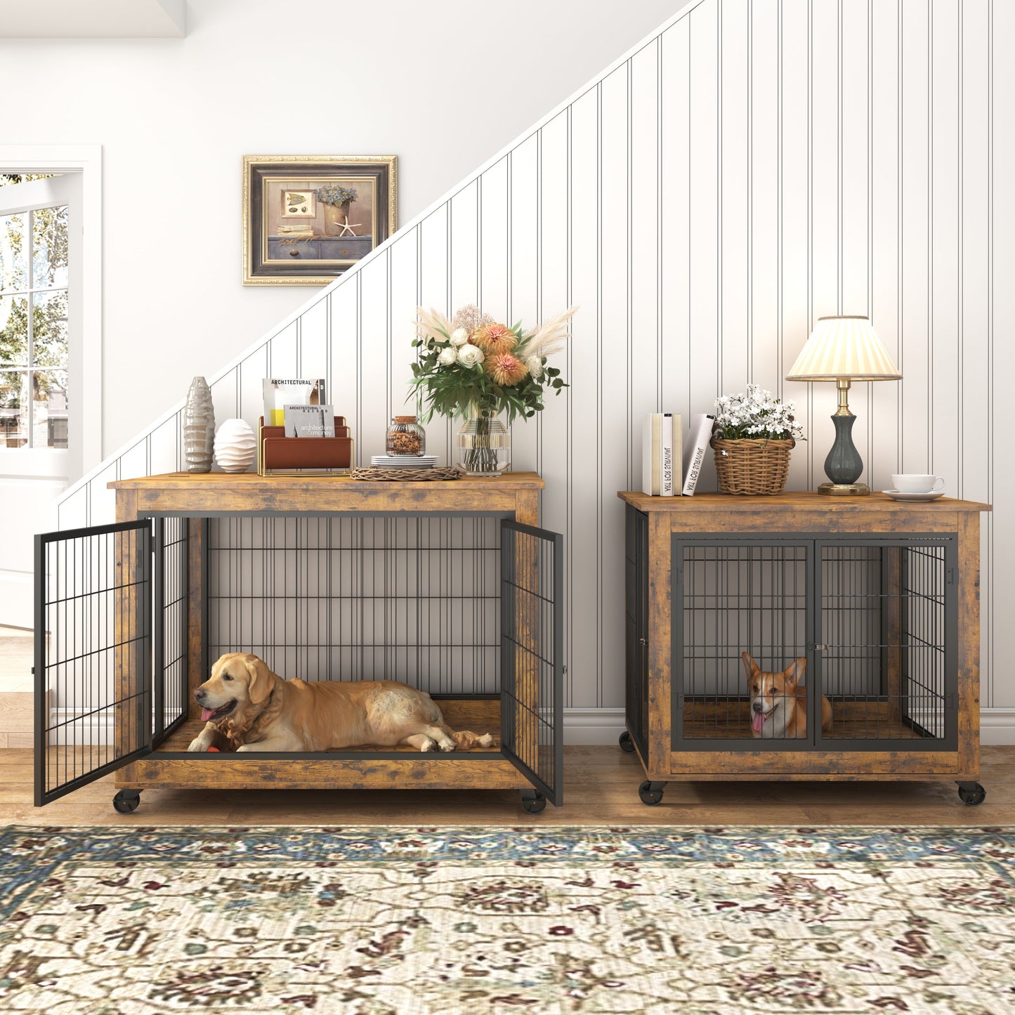Furniture Dog Crate Side Table on Casters | Double Door Lift Top Kennel