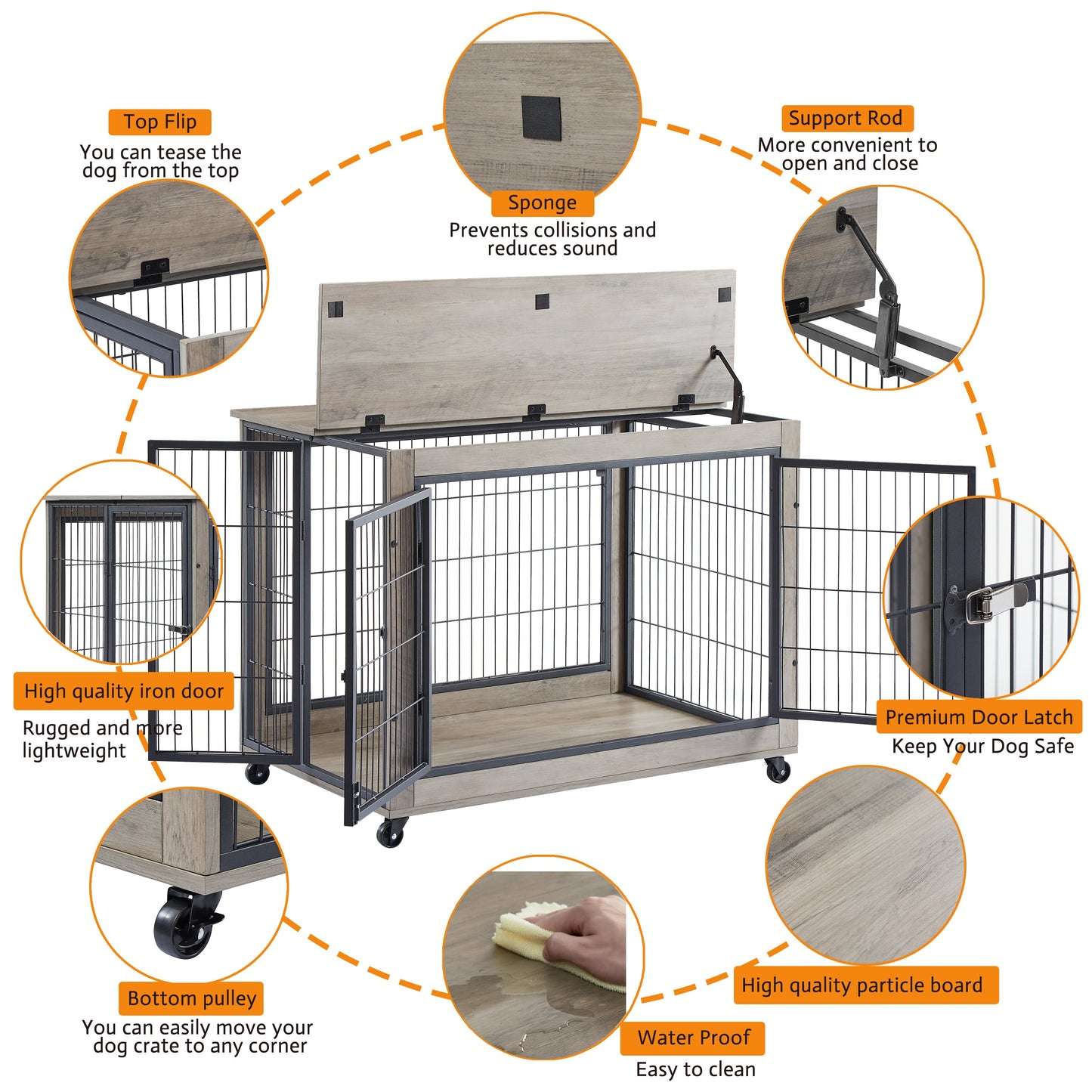 Large Dog Crate End Table | Sliding Barn Door Kennel Dog Crate Furniture