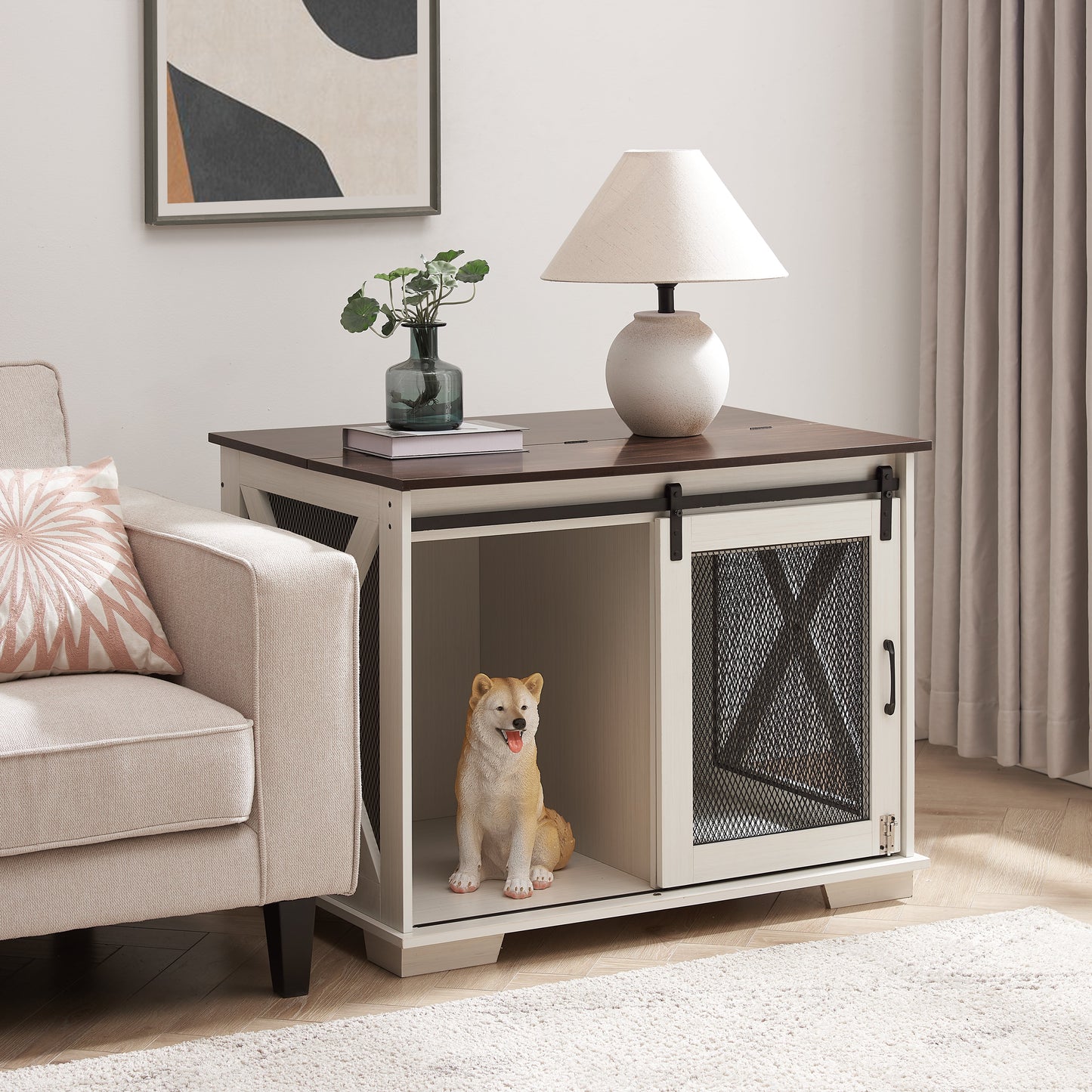 Farmhouse Dog Crate Furniture with Barn Door | Wooden Kennel End Table