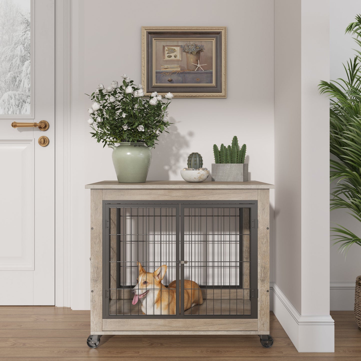 Furniture Style Dog Crate | Rolling 31.5" Indoor Kennel with Lift Top