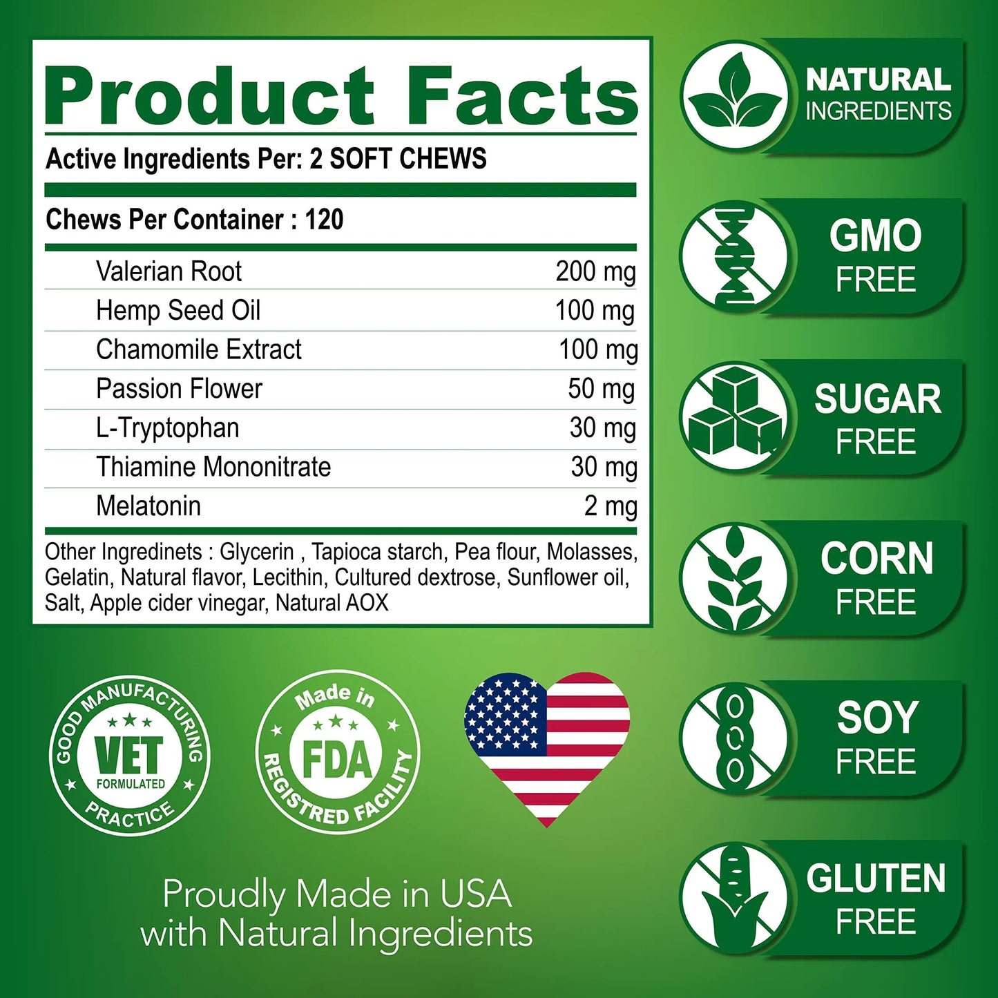 Natural Hemp Dog Calming Chews – 120 VET Formulated Melatonin Treats for Anxiety