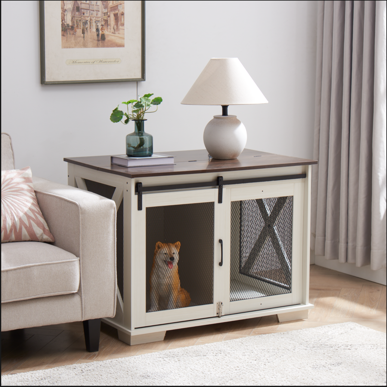 Farmhouse Dog Crate Furniture with Barn Door | Wooden Kennel End Table