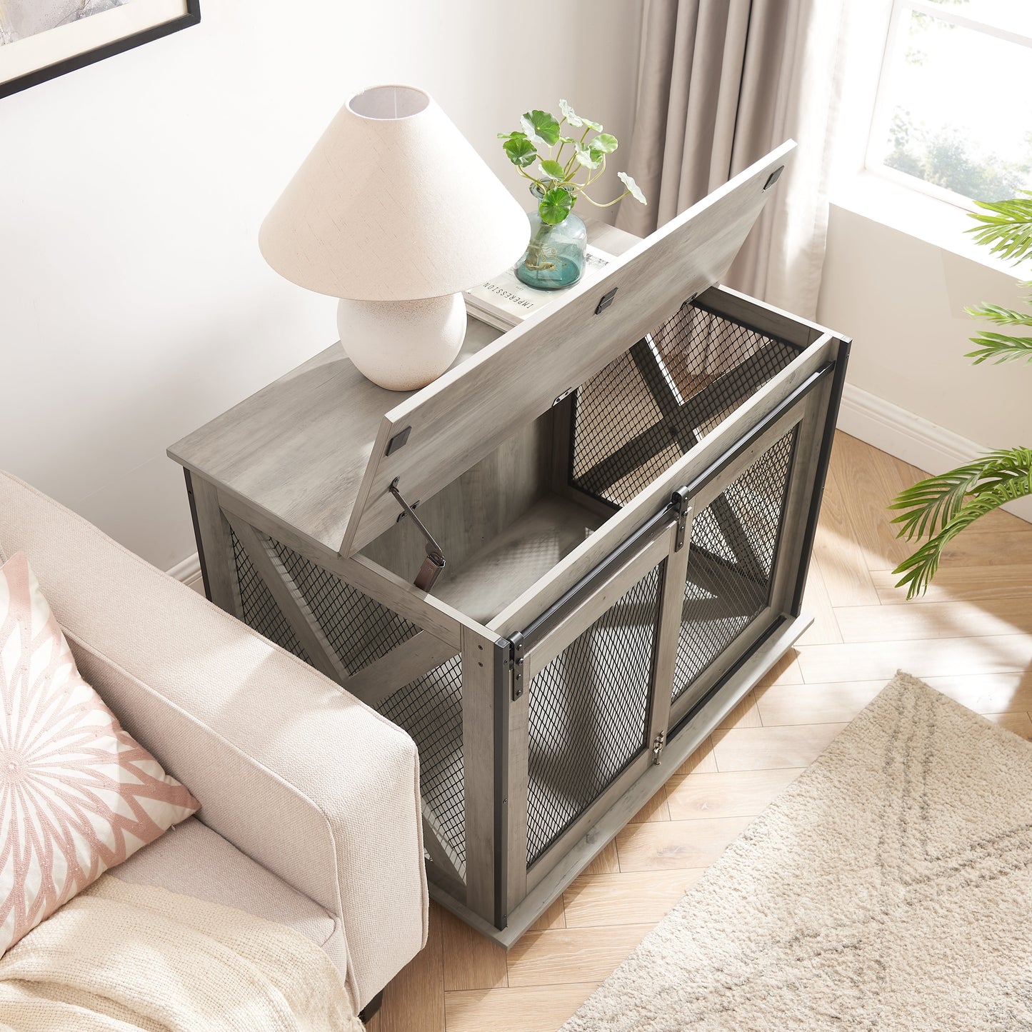 Furniture Style Dog Crate End Table | Double Door Indoor Kennel with Wheels