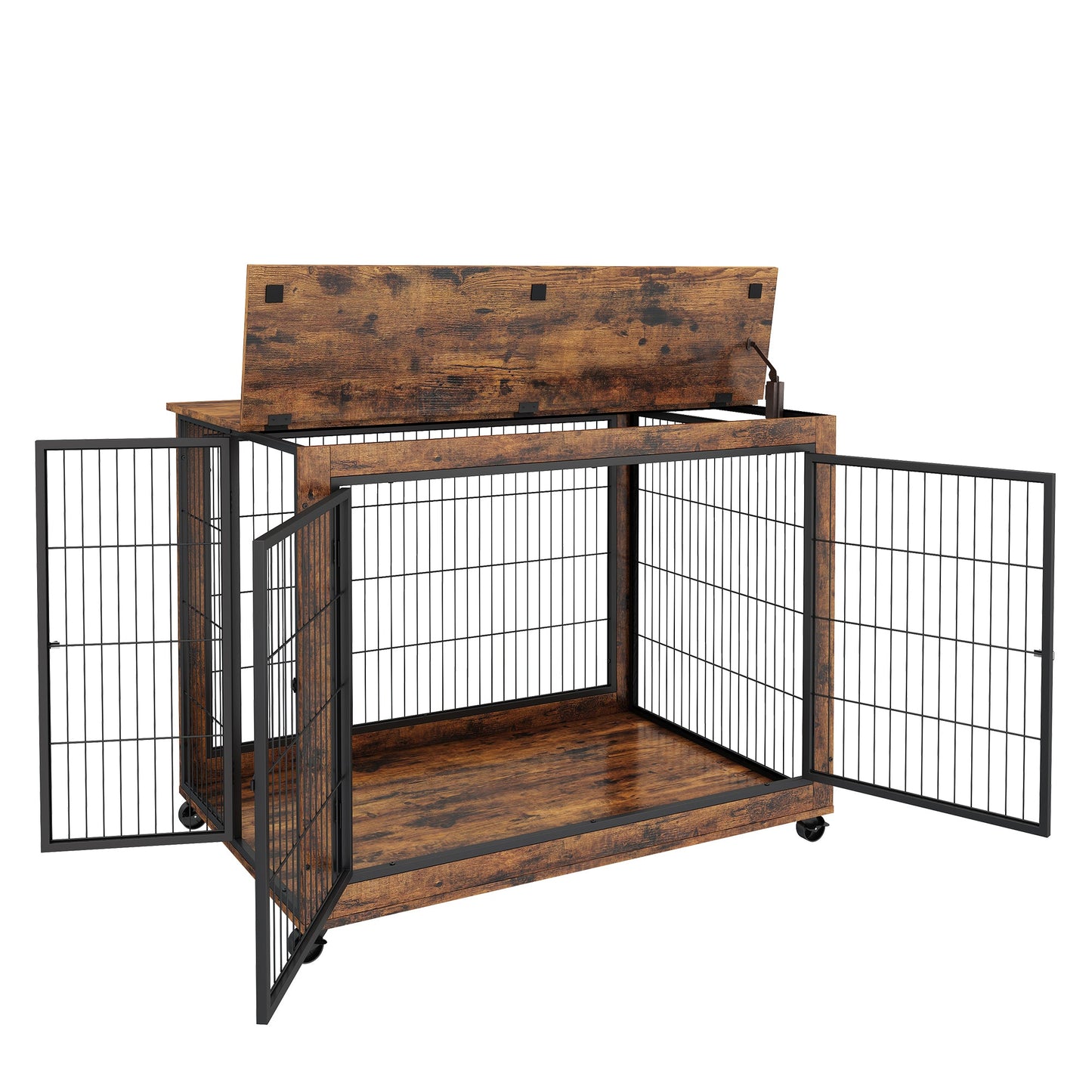 44" Heavy Duty Dog Crate Furniture with Wheels | Double Storage Kennel (Brown)