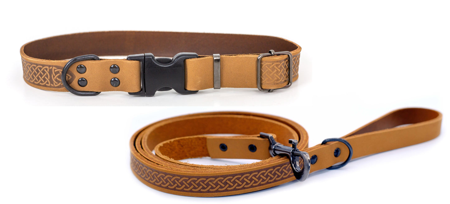 Celtic Sport Leather Dog Collar and Leash Set