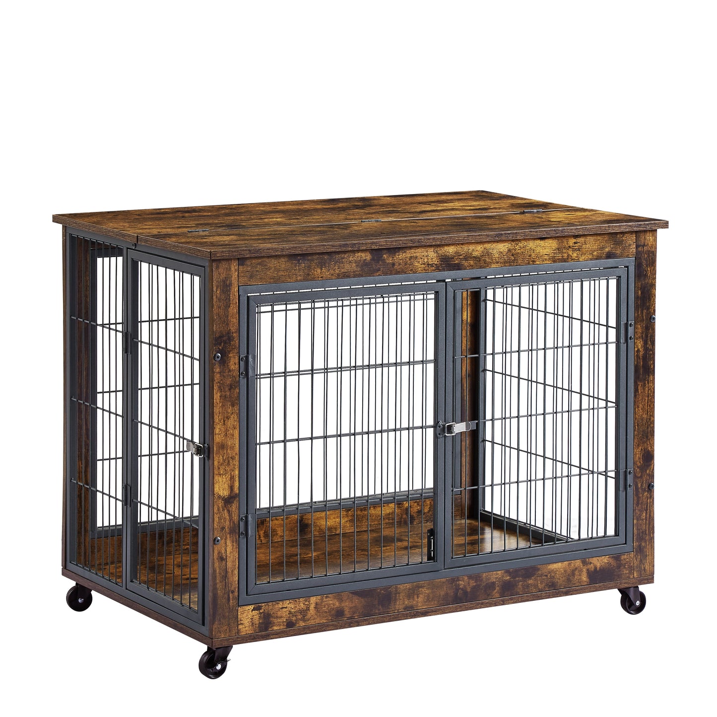 Furniture Dog Crate Side Table on Casters | Double Door Lift Top Kennel