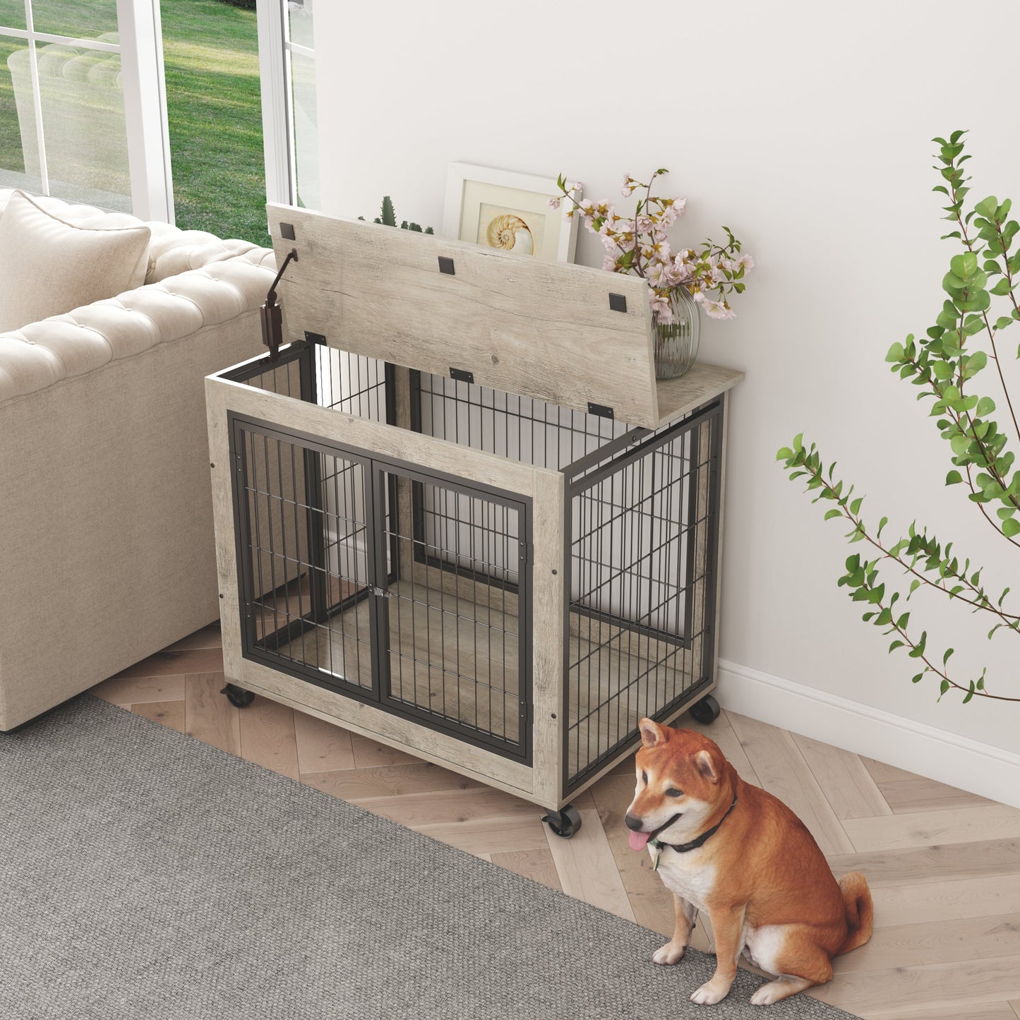 Furniture Style Dog Crate | Rolling 31.5" Indoor Kennel with Lift Top