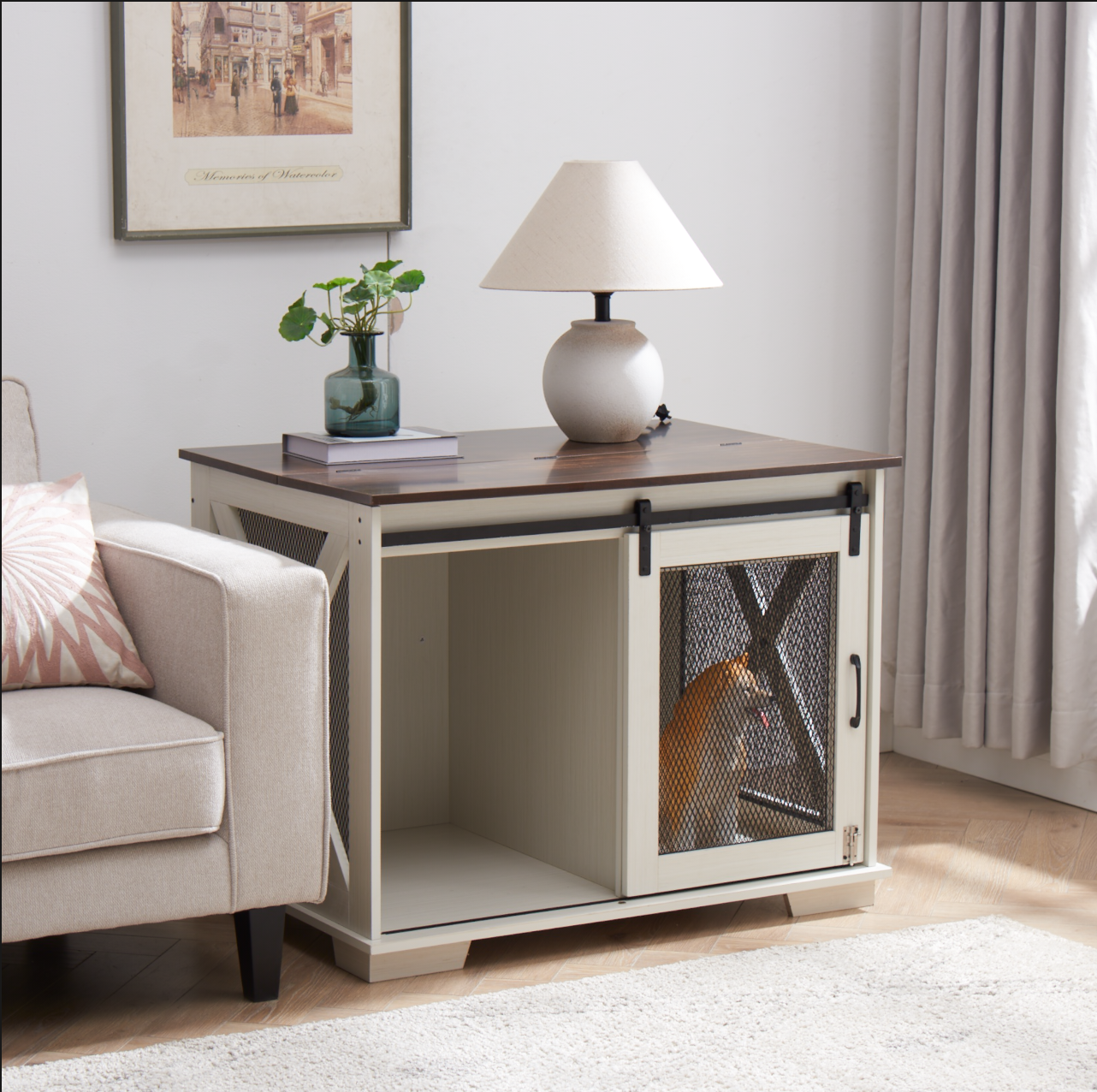 Farmhouse Dog Crate Furniture with Barn Door | Wooden Kennel End Table