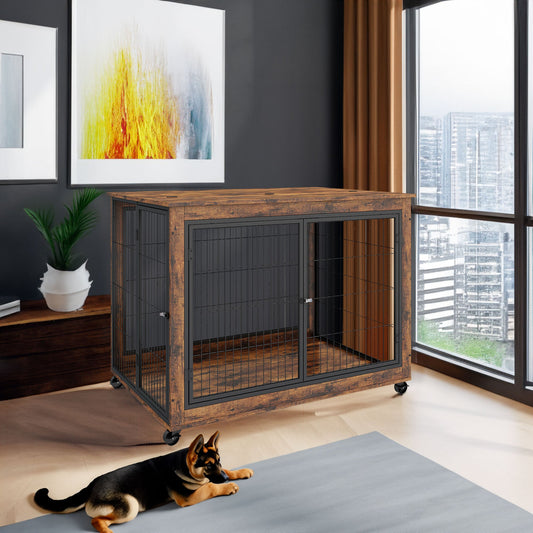44" Heavy Duty Dog Crate Furniture with Wheels | Double Storage Kennel (Brown)