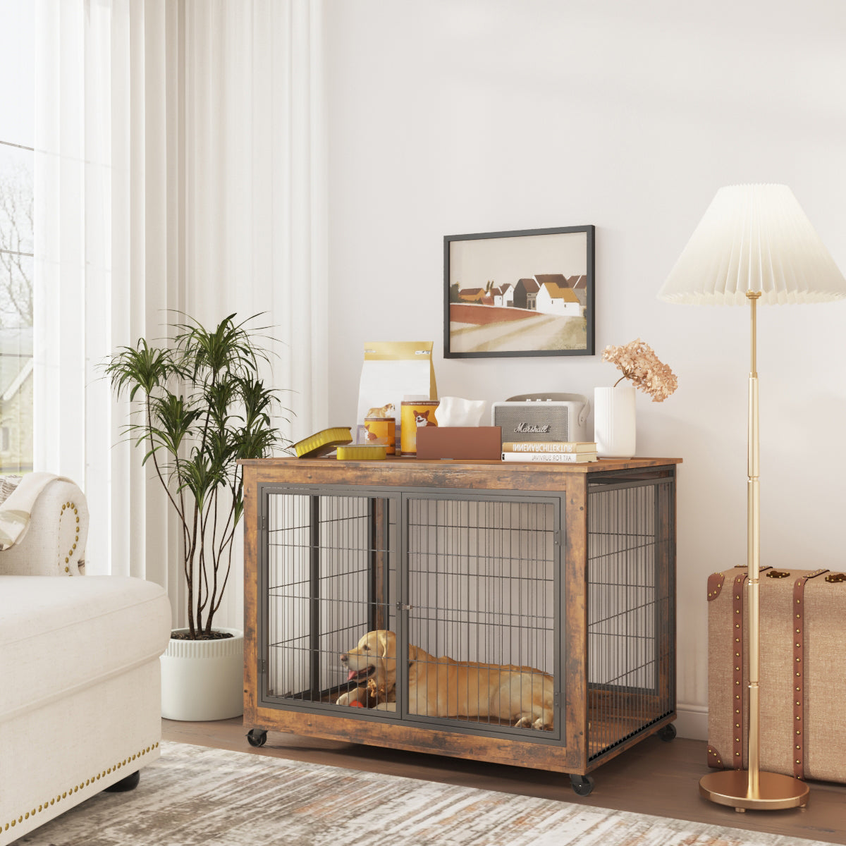 44" Heavy Duty Dog Crate Furniture with Wheels | Double Storage Kennel (Brown)