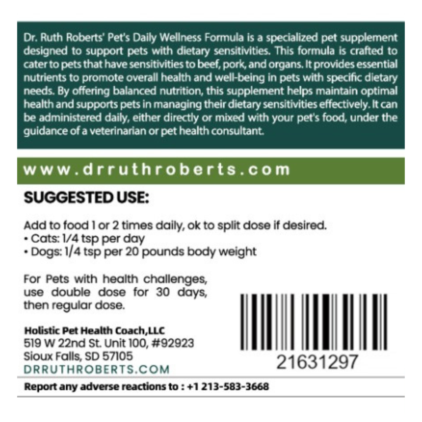 Pet Daily Wellness Formula for Pork and Beef Allergies: Multi-Vitamin Powder | 120 Count