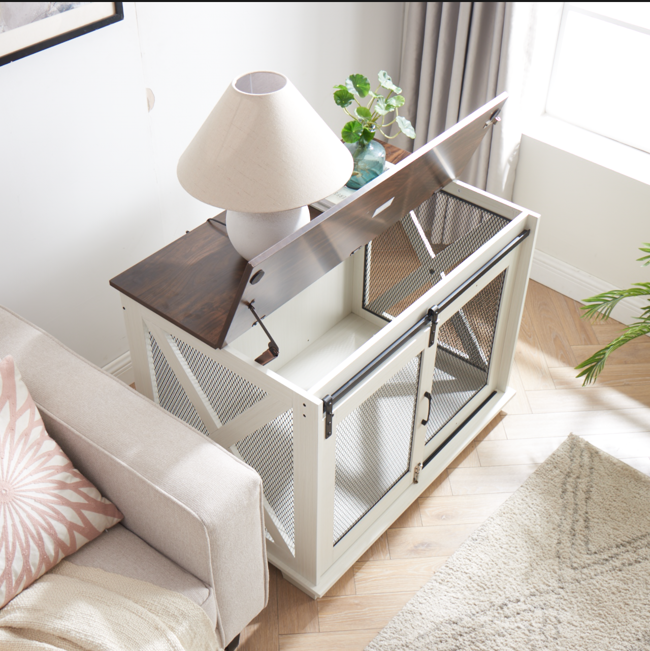 Farmhouse Dog Crate Furniture with Barn Door | Wooden Kennel End Table