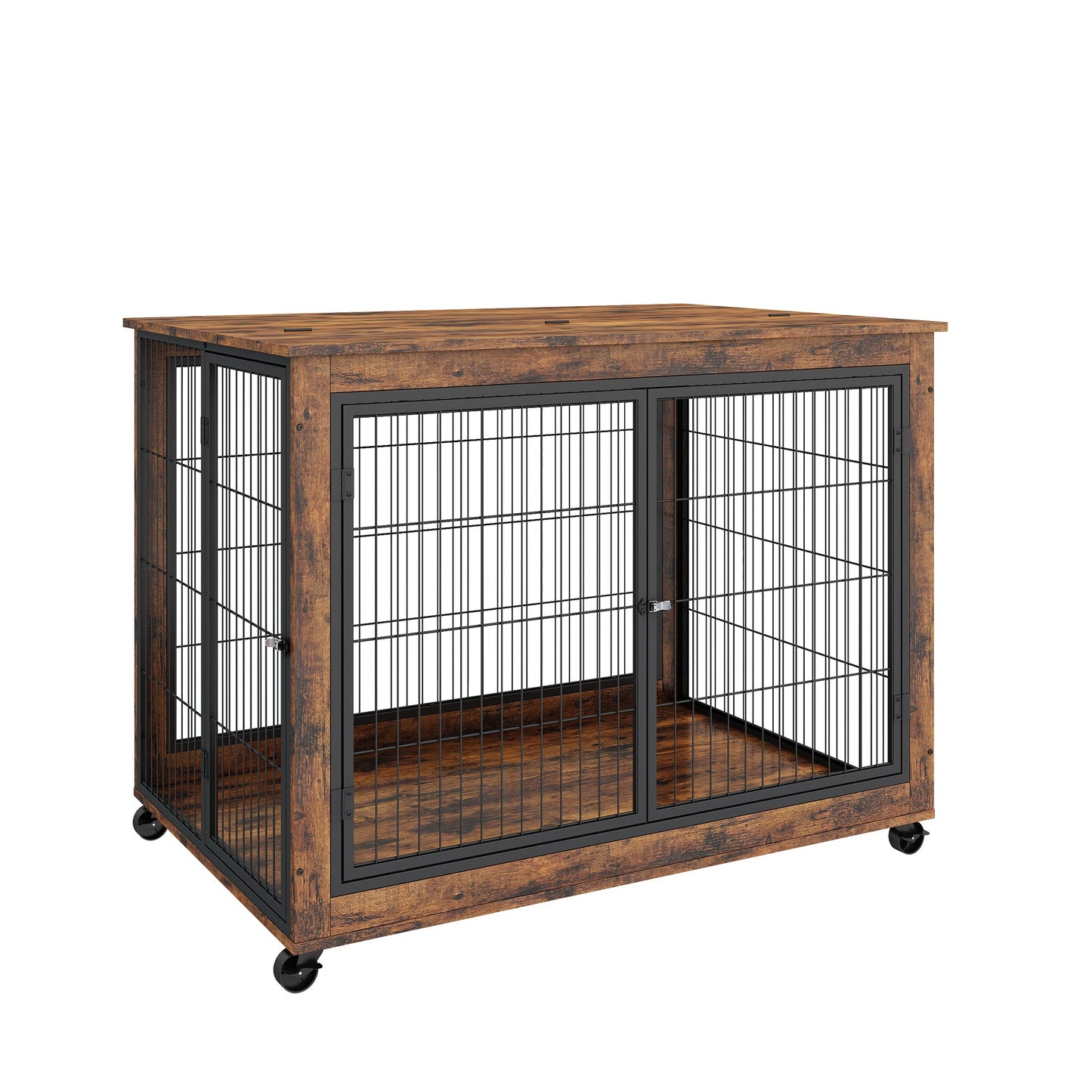 44" Heavy Duty Dog Crate Furniture with Wheels | Double Storage Kennel (Brown)