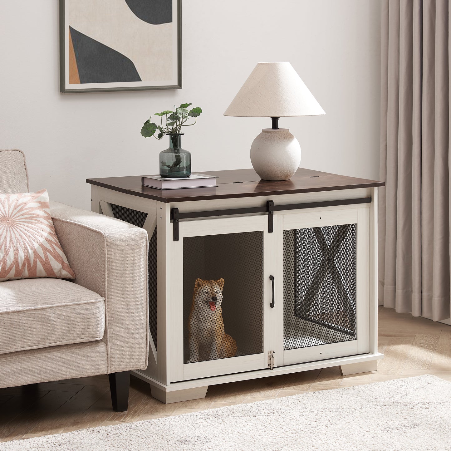 Farmhouse Dog Crate Furniture with Barn Door | Wooden Kennel End Table