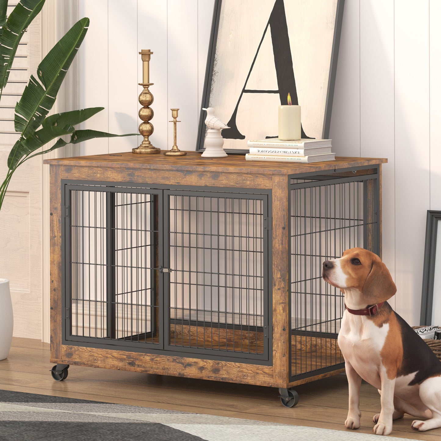 Furniture Dog Crate Side Table on Casters | Double Door Lift Top Kennel