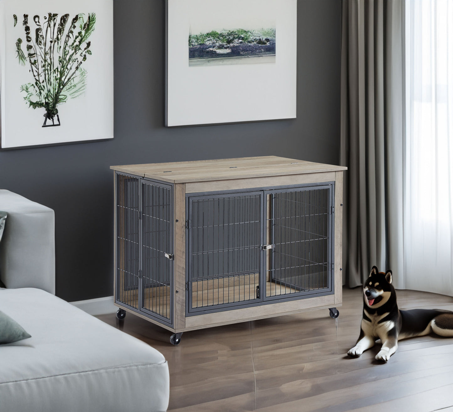 Large Dog Crate End Table | Sliding Barn Door Kennel Dog Crate Furniture