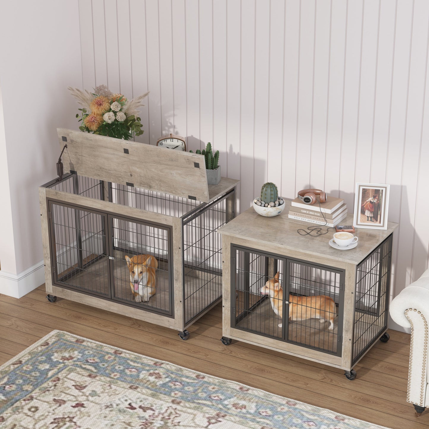 Large Dog Crate End Table | Sliding Barn Door Kennel Dog Crate Furniture
