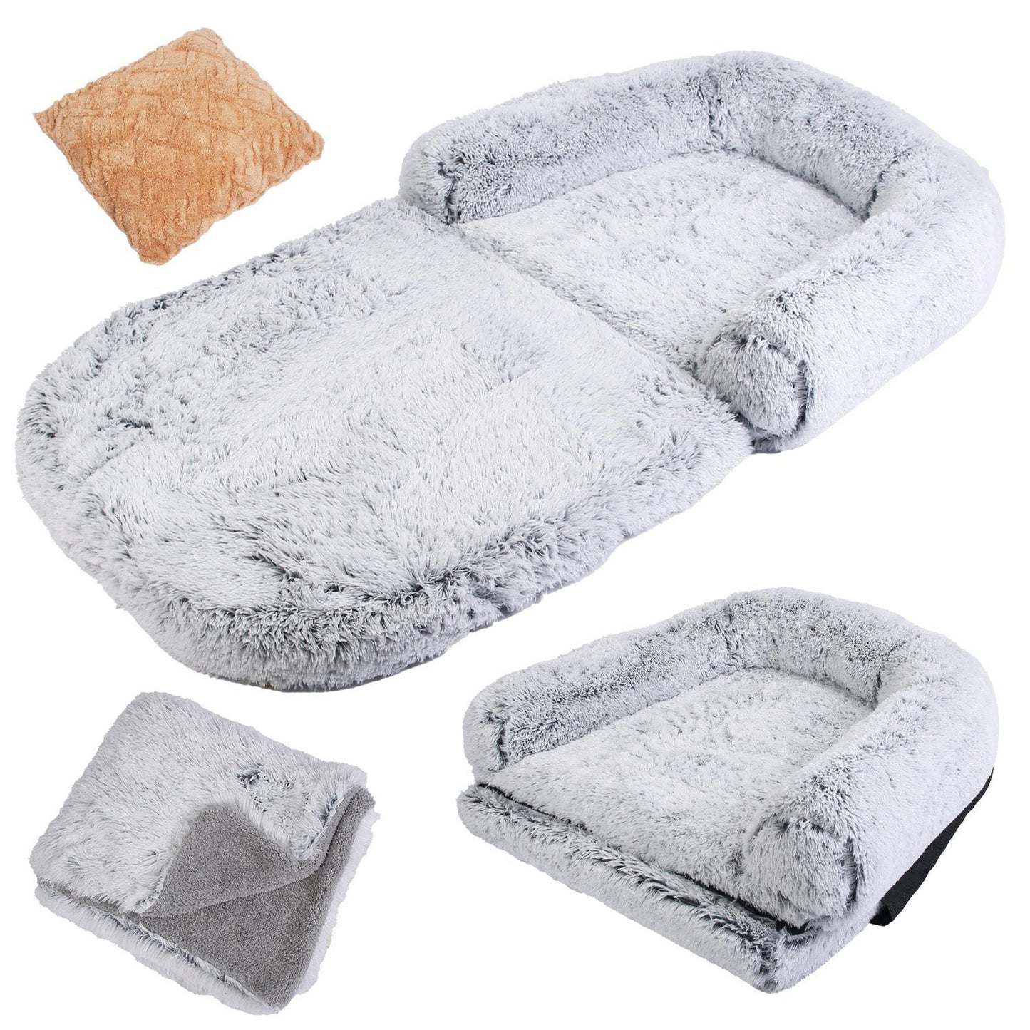 Human Sized Dog Bed | 71" Large Foldable Floor Grey Pet Bed with Pillow