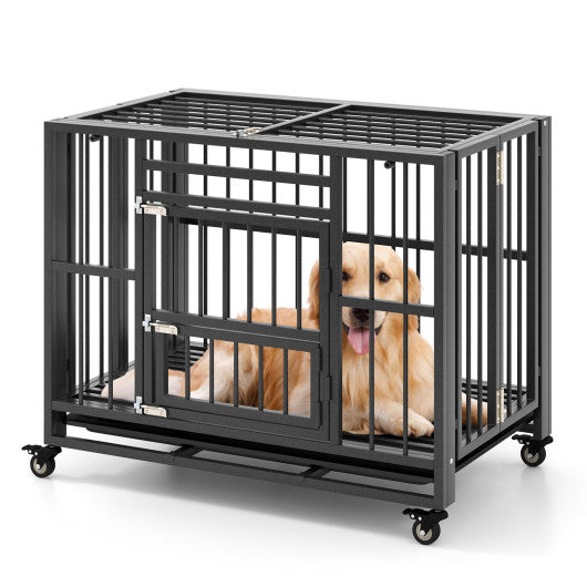 Foldable Heavy Duty Dog Crate | 37" Chew-Proof Kennel on Wheels