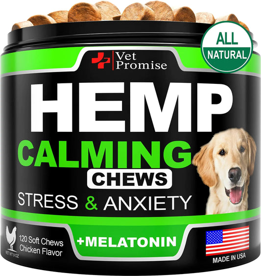 Natural Hemp Dog Calming Chews – 120 VET Formulated Melatonin Treats for Anxiety