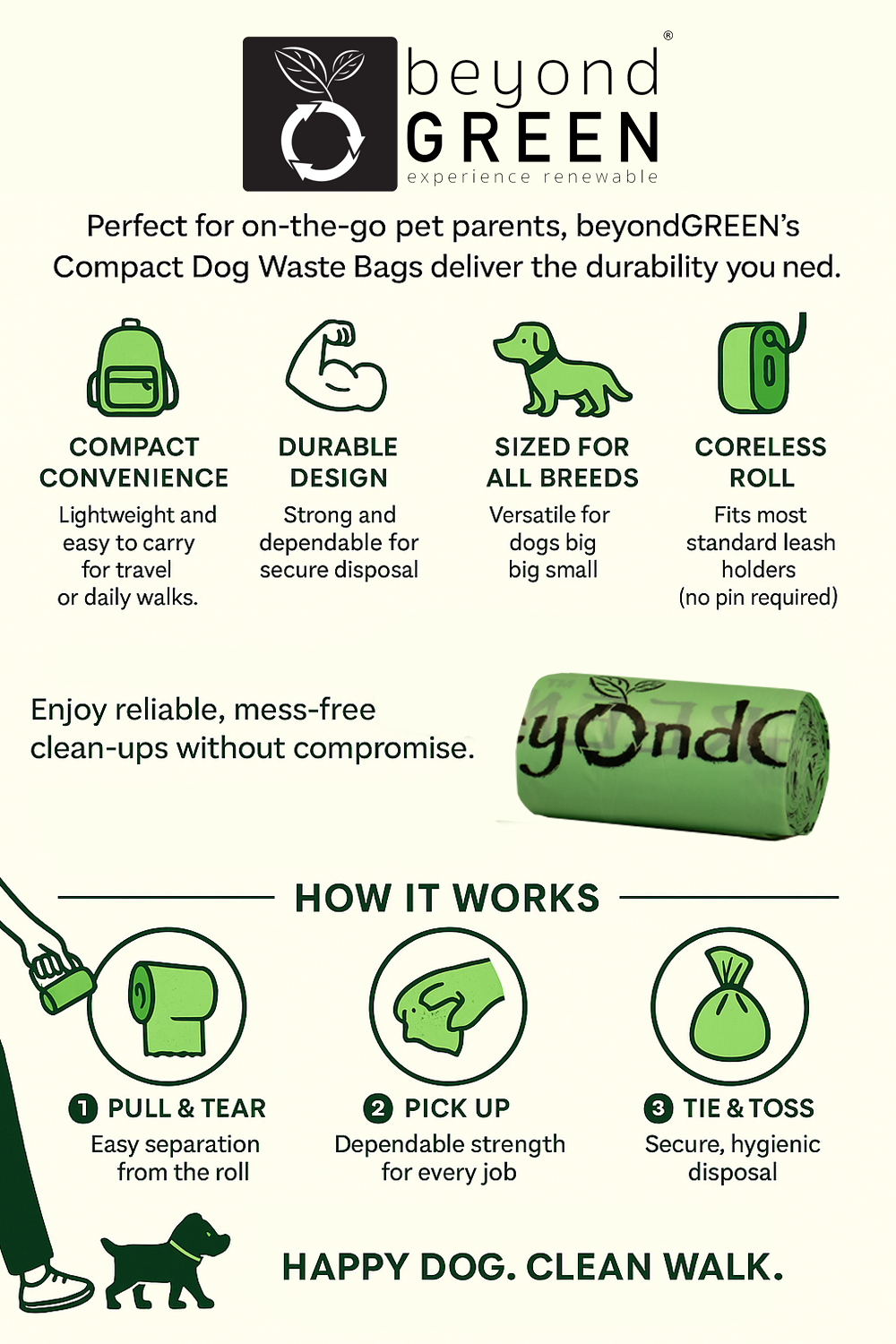 beyondGREEN Dog Waste Bags Made in USA | Leak-Resistant Refill Rolls
