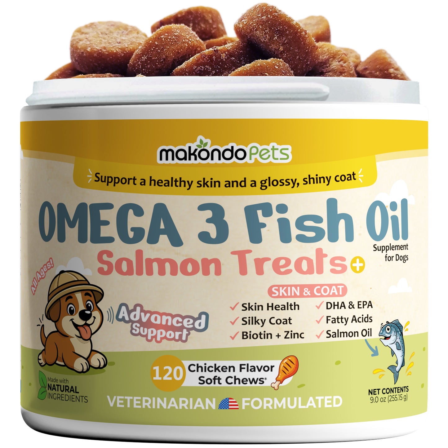 Omega 3 for Dogs – 120 Salmon Oil Soft Chews – Fish Oil Skin and Coat Supplement
