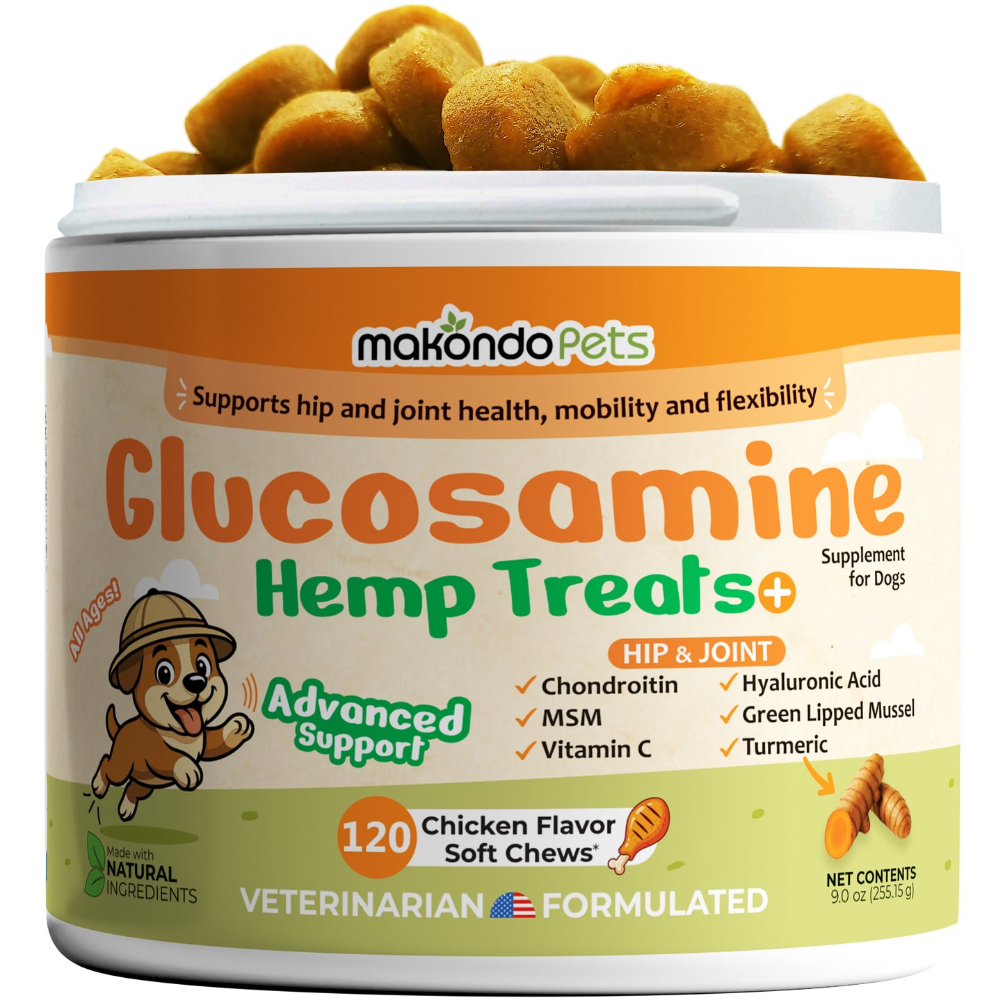 Glucosamine for Dogs Hip and Joint Supplement – 120 Hemp Oil Soft Chews with Chondroitin & MSM