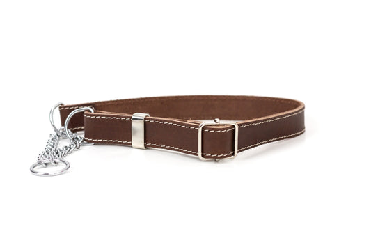 Brown Chocolate Leather Dog Collar - Martingale No Slip Leather Dog Collar