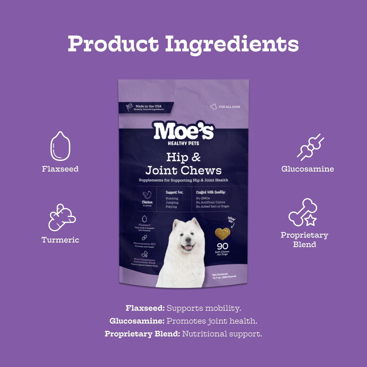 Moe’s Healthy Pets Hip & Joint Chews for Dogs – 600mg Glucosamine & MSM Soft Chews