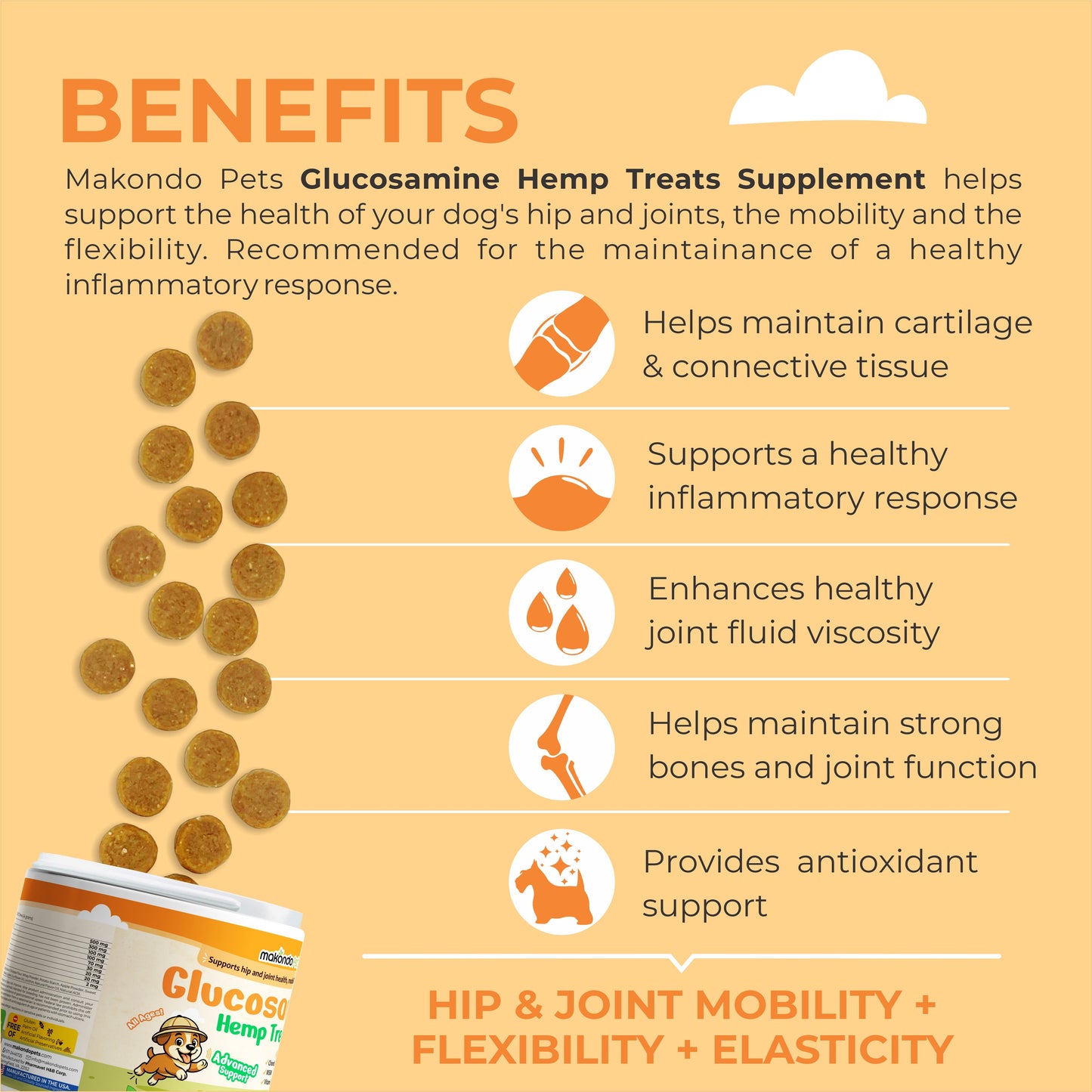 Glucosamine for Dogs Hip and Joint Supplement – 120 Hemp Oil Soft Chews with Chondroitin & MSM