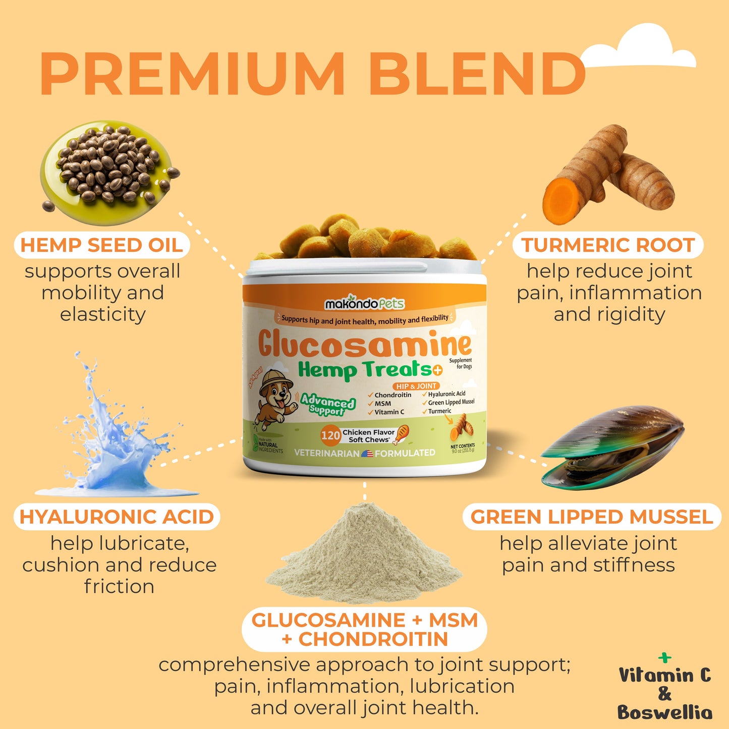 Glucosamine for Dogs Hip and Joint Supplement – 120 Hemp Oil Soft Chews with Chondroitin & MSM