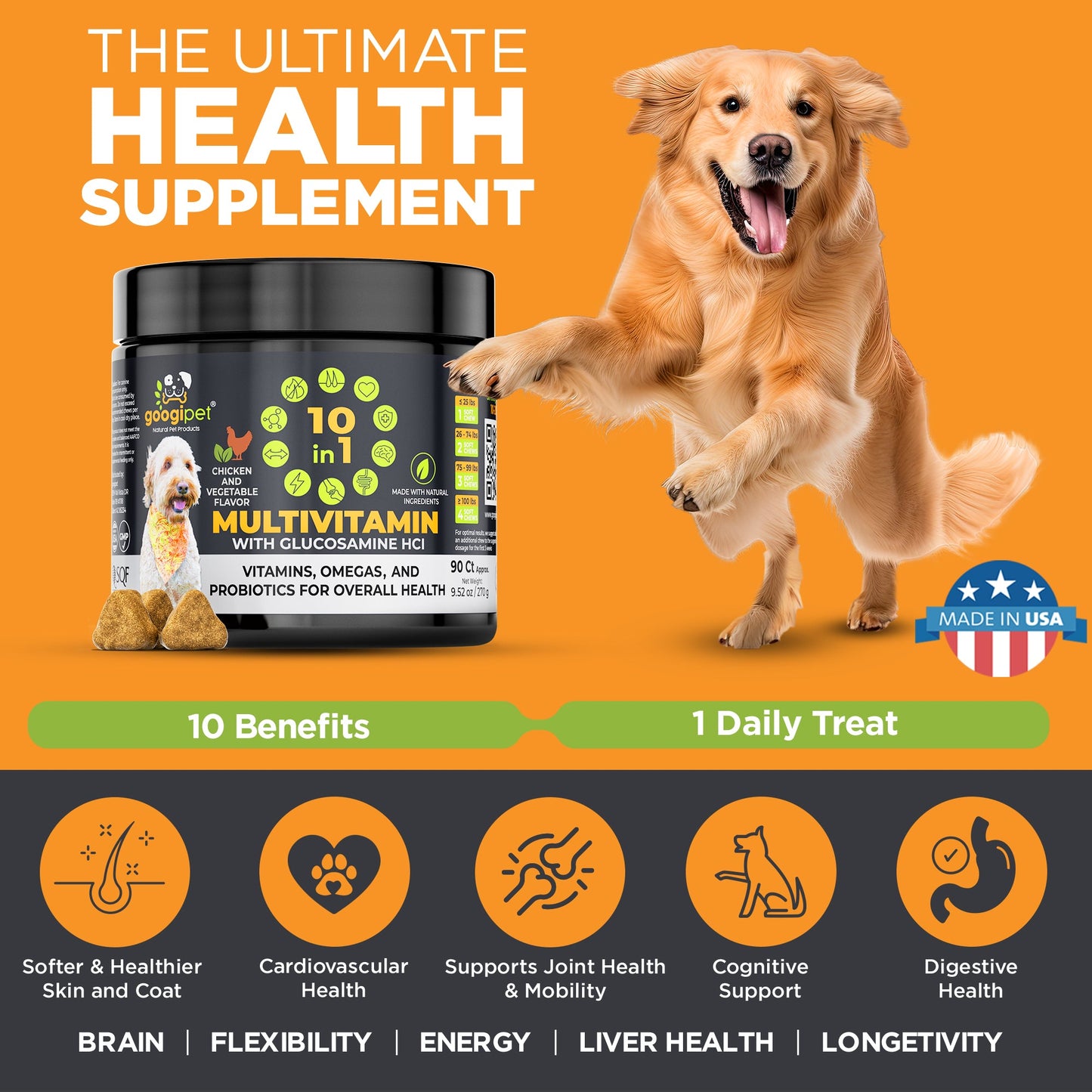 10-in-1 Dog Multivitamin Chews with Probiotics: Chicken Flavor | 90 Count