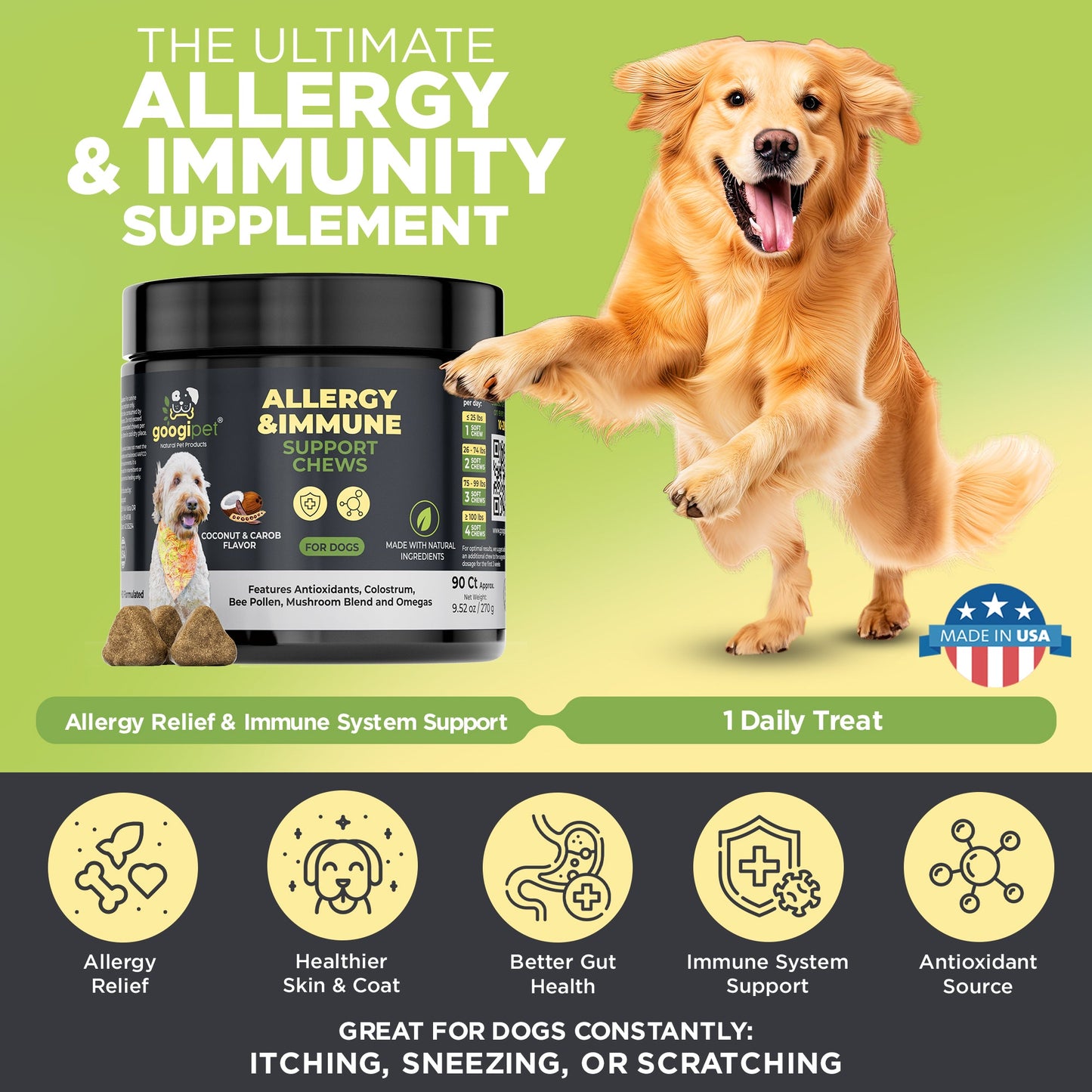 Dog Allergy Relief and Immune Support Chews: Coconut & Carob Flavor | 90 Count