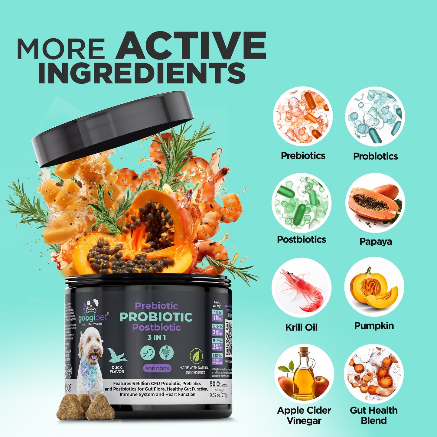 3-in-1 Probiotic Chews for Dogs with Prebiotics and Postbiotics: 1 Billion CFU | 90 Count